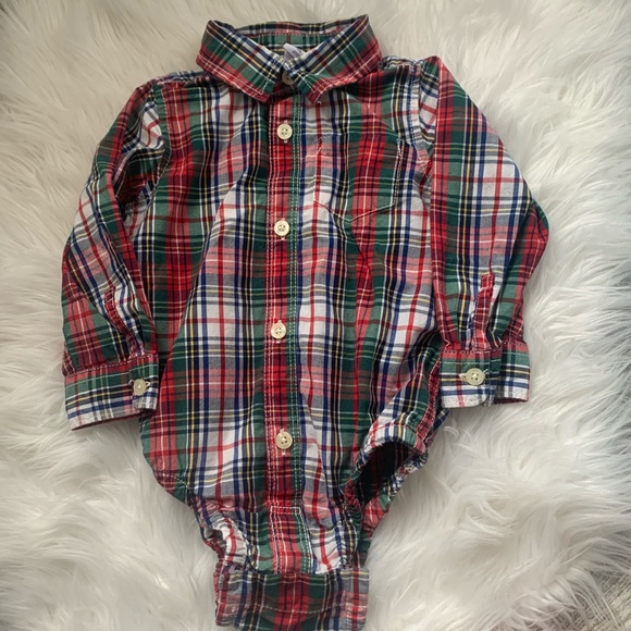 Gap LongSleeve Red Plaid Button Down Onesie 18-24M - Picture 1 of 3